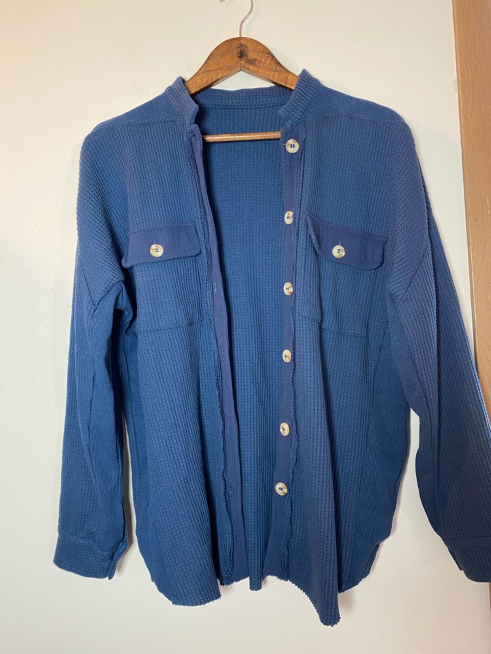 Blue Long Sleeve Button-Up Waffle Knit Top